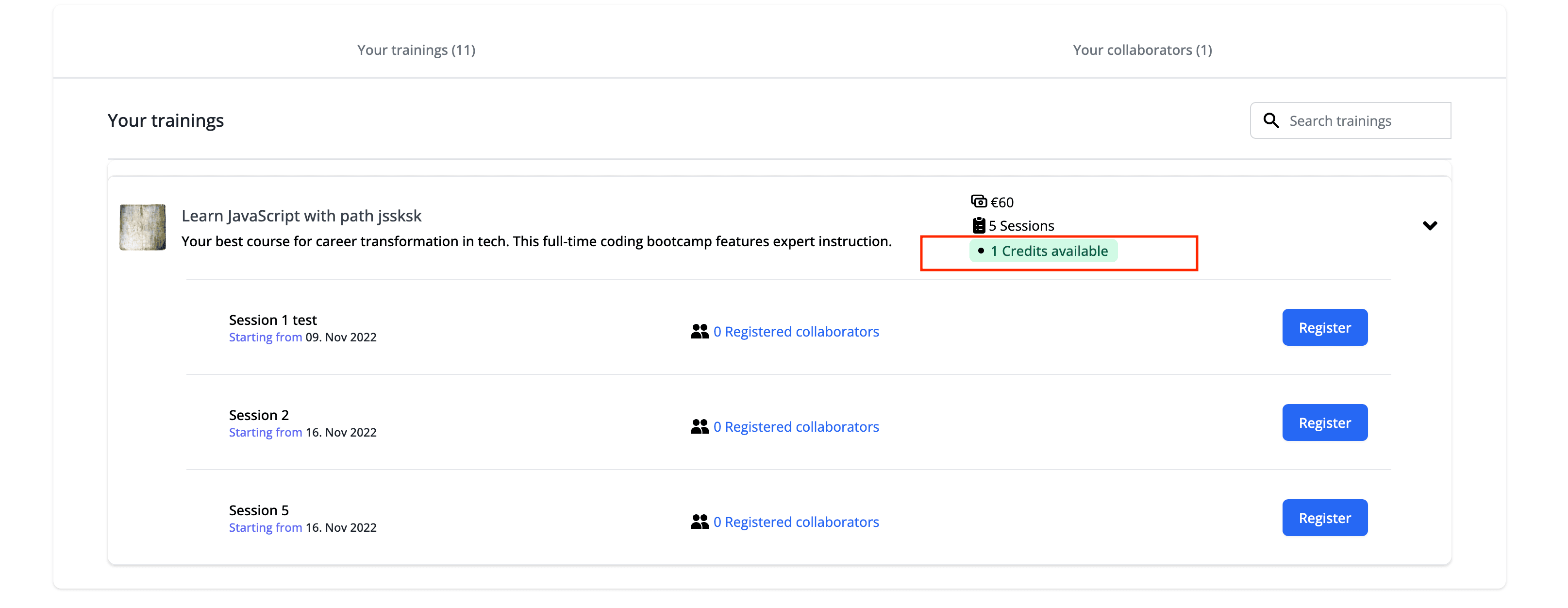 Remaining credits for a training in the 